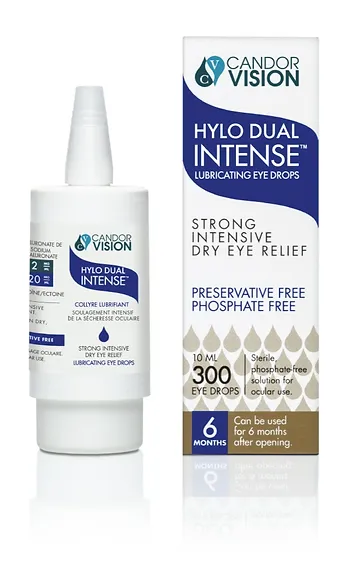 Hylo Dual Intense Lubricating Drops for dry eye relief.